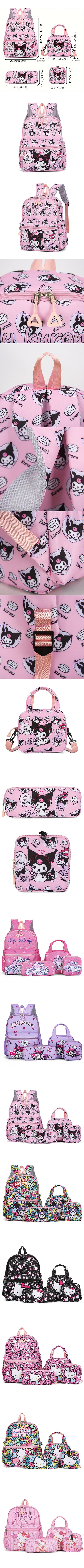 4Pcs School Bag Set For Elementary School Students Cartoon Printed Hello Kitty Kuromi Junior High School Backpack With Pen Bag