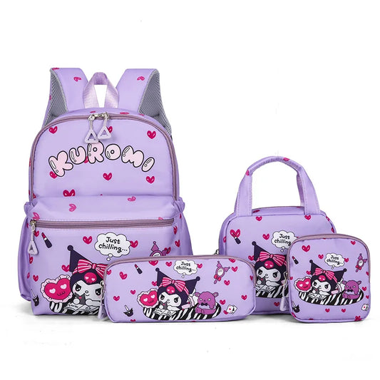 4Pcs School Bag Set For Elementary School Students Cartoon Printed Hello Kitty Kuromi Junior High School Backpack With Pen Bag