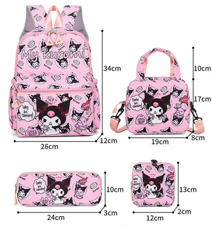 4Pcs School Bag Set For Elementary School Students Cartoon Printed Hello Kitty Kuromi Junior High School Backpack With Pen Bag